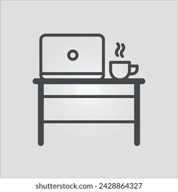 Icono de vector de contorno aislado de un portátil y una taza de café en un escritorio, que representa el trabajo de la oficina en casa, con trazo editable.