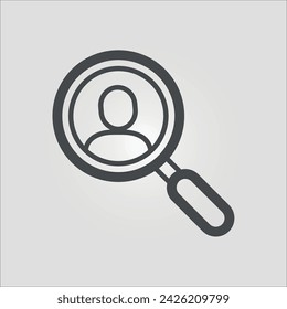 Isolated outline vector icon of a magnifying glass focusing on an icon of a user, with editable stroke.