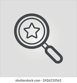 Icono de vector de contorno aislado de una lupa que se centra en una estrella, con trazo editable.