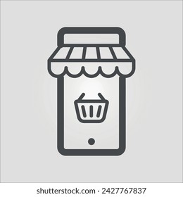 Isolated outline vector icon of a mobile screen showing a shopping basket, representing e-commerce or marketplace, with editable stroke.
