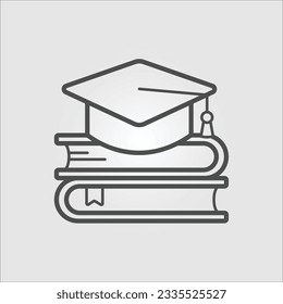 Isolated outline vector icon of a pile of books with a graduation cap on top, with editable stroke