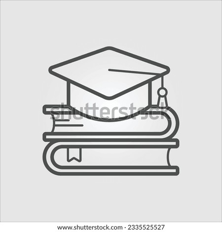 Isolated outline vector icon of a pile of books with a graduation cap on top, with editable stroke