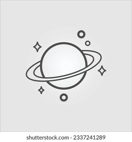Isolated outline vector icon of a planet with rings like Saturn and some stars, with editable stroke