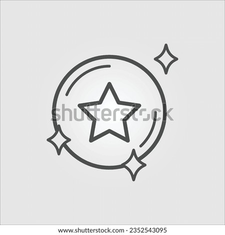 Isolated outline vector icon of a shiny coin with a star with editable stroke