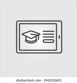 Icono de vector de contorno aislado de una tableta que muestra un tapón de graduación que representa una escuela en línea