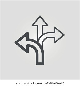 Isolated outline vector icon of three arrows pointing to different directions, representing flexibility, with editable stroke.