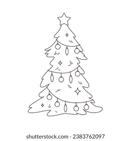 Isolated outline Vector illustration of simple green Christmas tree with colourful lights and star for greeting card or posters