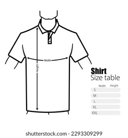 Isolated Outline vector illustration unisex short sleeve collared shirts - sizing chart, for cloth template size label