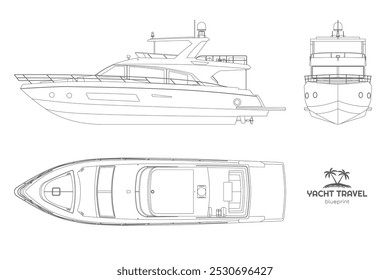 Dibujo de yate de contorno aislado. Vistas laterales, frontales y superiores de la nave privada. Modelo moderno del contorno del barco. Línea de lanchas de crucero art. Ilustración vectorial