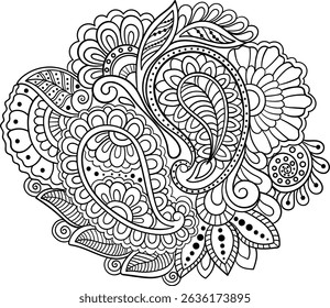 Isolated outline zentangle decorative element. Paisley and floral motifs vector. Use for designing borders, corners, flyers and banners, coloring book cover