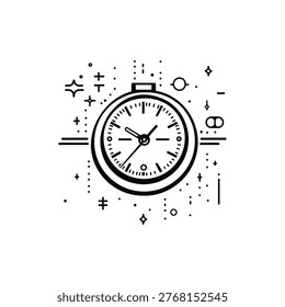An isolated outlined clock face is surrounded by geometric dots and stars. The clock with the hands shows the time within a scene of floating particles and shapes. - Powered by Shutterstock - Get 15% off with code: PIKWIZARD15