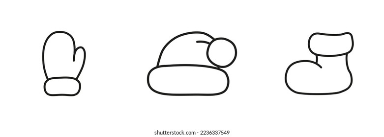 Isolated outlines of hat, boot, and mitten on a white background. Set of vector illustrations. For winter designs, Christmas prints, paper, decors, stickers, invitations, cards, and the web.