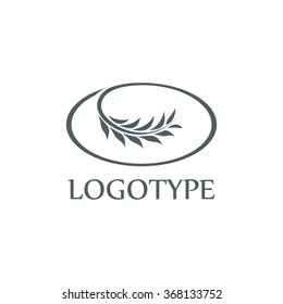 Isolated oval outline vector logo. Black an white ear of wheat. Backery products emblem. Harvest time symbol. Agricultural logotype. Crops image. Stalk of plant. Organic label. Olive branch.