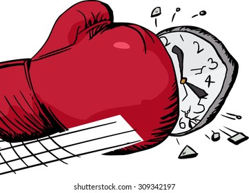 Isolated over white cartoon of boxing glove smashing clock