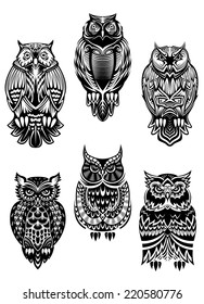 Isolated owl birds in tribal style for mascot, tattoo or wildlife concept