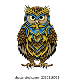 Isolated owl with gold and blue armor. Owl vector for sticker or tattoo.