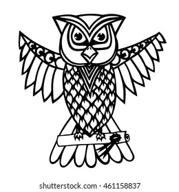Isolated owl which carries a scroll with a message. Art illustration for anti stress coloring book, tattoo, poster, print, t-shirt.