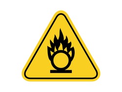 isolated oxidizing agent, common hazards symbols on yellow round triangle board warning sign for icon, label, logo or package industry etc. flat paperwork style vector design. 