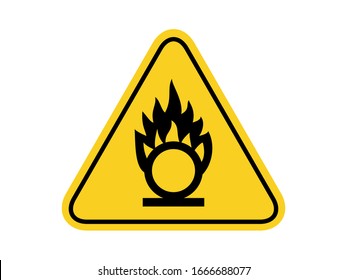 isolated oxidizing agent, common hazards symbols on yellow round triangle board warning sign for icon, label, logo or package industry etc. flat paperwork style vector design. 