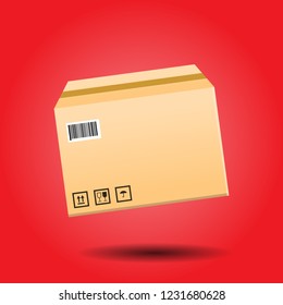 isolated package box flying with shadow in red background