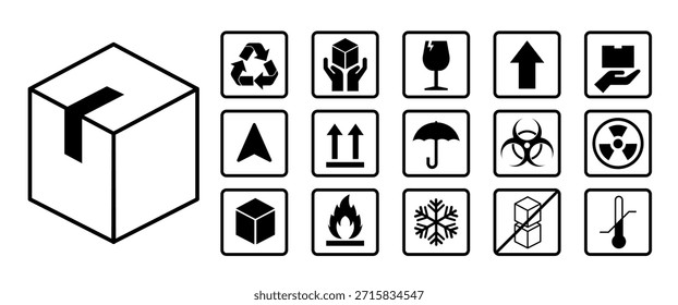 Isolated packaging signs and symbol collection featuring essential shipping and handling icons such as fragile glass keep dry recycle arrows orientation temperature hazard and box handling marks.