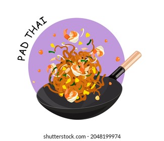 Isolated Pad Thai coming up from steel pan, Thai noodles fried with shrimp, eggs, chicken, bean sprout and chives. Famous Thai food cooking vector illustration.  