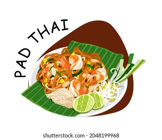 Isolated Pad Thai, Thai noodles fried with shrimp, eggs, chicken, bean sprout and chives serve with roasted peanuts crackers, bean sprout, chives and lemon. Famous Thai food vector illustration.  