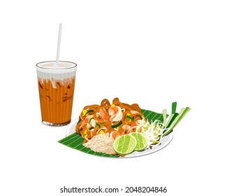 Isolated Pad Thai, Thai noodles fried with shrimp, eggs, chicken, bean sprout and chives. Served with Thai tea. Famous Thai food vector illustration.  