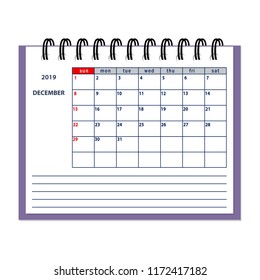Isolated page December year 2019 of business planner calendar on the white. Flat business planning concept design with spiral desk calendar mockup year 2019 December. EPS 10.
