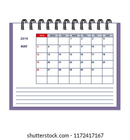 Isolated page May year 2019 of business planner calendar on the white. Flat business planning concept design with spiral desk calendar mockup year 2019 May. EPS 10.