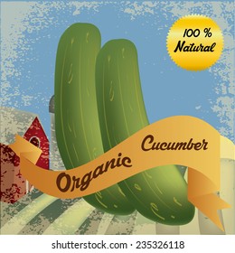 an isolated pair of cucumbers and a ribbon with text on a colored background