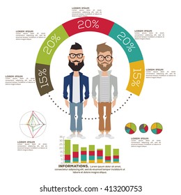 Isolated pair of men with trendy clothes on a colored infographic