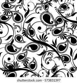  Isolated paisley seamless  pattern.  Floral  white background  with  vintage medieval black ornaments, antique  leaves and flowers. Vector luxury  texture for wallpapers, textile, fabric