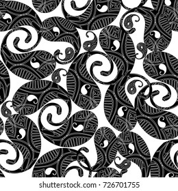 Isolated paisley seamless pattern. White floral background fabric wallpaper with black line art tracery ornamental paisley flowers. Modern luxury texture for textile, fabric, prints.