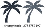 Isolated palm tree icons, black coconut tree silhouette, beach holiday vector graphics