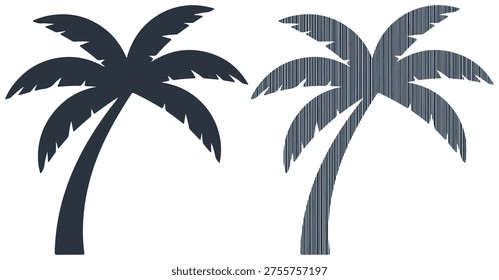 Isolated palm tree icons, black coconut tree silhouette, beach holiday vector graphics