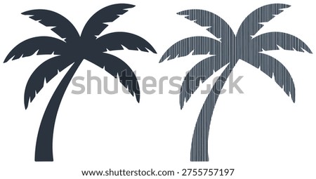Isolated palm tree icons, black coconut tree silhouette, beach holiday vector graphics