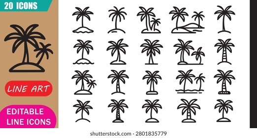 Isolated palm tree icons set, 20 editable line art icons set, palm tree, tropical nature beach, landscape summer environment, botanical green theme style, clean outline vector