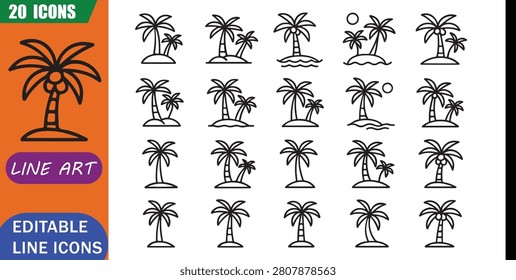 Isolated palm tree icons set, 20 editable line art icons set, palm tree, tropical beach, nature summer island, coconut paradise landscape, travel theme style, clean outline vector