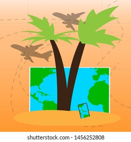 Isolated palm tree, map and smartphone. Travel and tourism - Vector