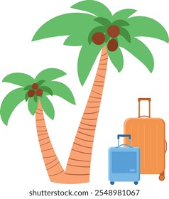 Isolated palm trees on sand with luggage in cartoon style