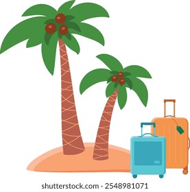 Isolated palm trees on sand with suitcases and coconuts in cartoon style