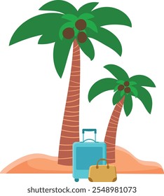 Isolated palm trees on sand with suitcases in cartoon style