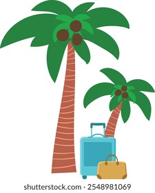 Isolated palm trees with suitcases in cartoon style