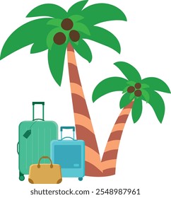 Isolated palm trees with suitcases in cartoon style