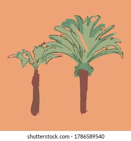 Isolated palms on orange background. Travel sea concept. Vector illustration