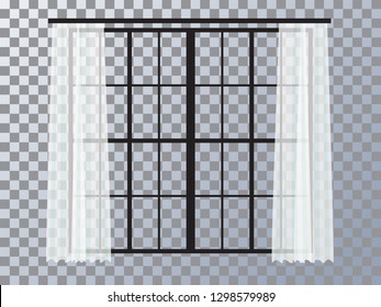 Isolated panoramic large window with transparent glass and curtains. The window is an interior and exterior element.1
