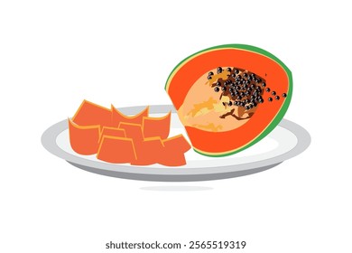Isolated papaya in a row. Whole papaya fruit and two halves isolated on white background with clipping path