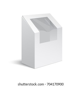 Isolated paper box with a transparent window for salad rolls and other food products. The box is white for advertising and branding. Empty packaging, isolated on white background. EPS 10