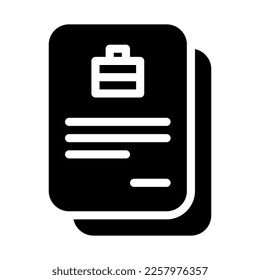 Isolated paper with briefcase in solid glyph icon on white background. Employment contract, job application, portfolio, document